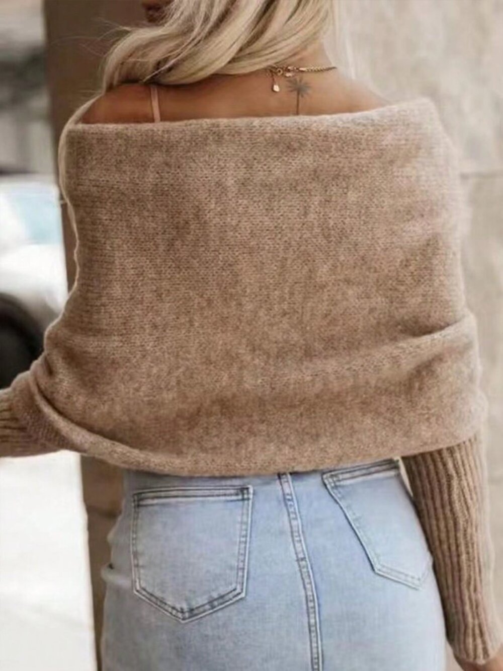 Khaki Casual Women's Deep off shoulder Knit Long Sleeve Pullover - Picture 4 of 6